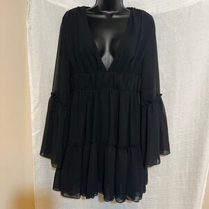 Black Whimsigoth Mini Dress | Witchy Fairy Bell Sleeve Dress | Flowy Boho